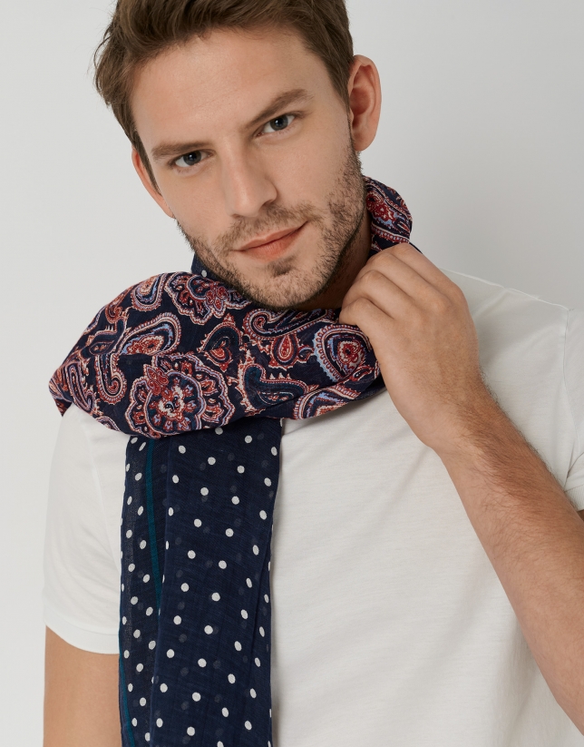 Foulard with navy blue, red and white small and big dots