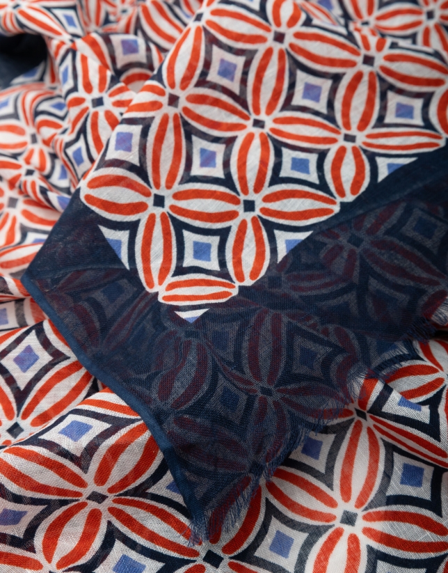 Foulard with navy blue, white and red geometric print