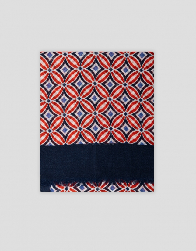 Foulard with navy blue, white and red geometric print
