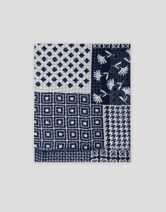 Foulard with navy blue and white patchwork