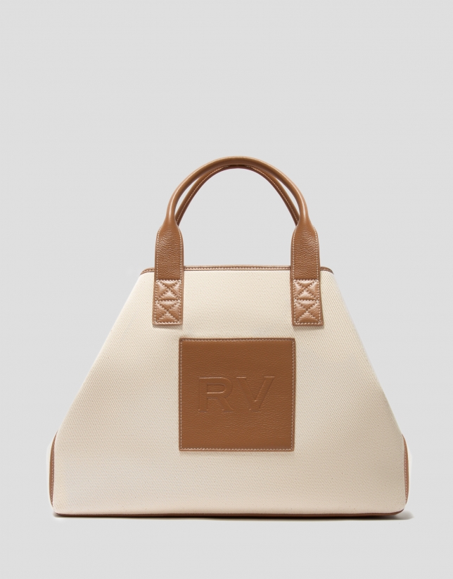 Brow leather and beige twill Agnes XL shopping bag 