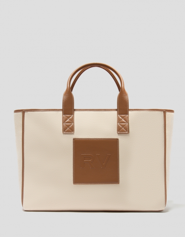 Brow leather and beige twill Agnes XL shopping bag 