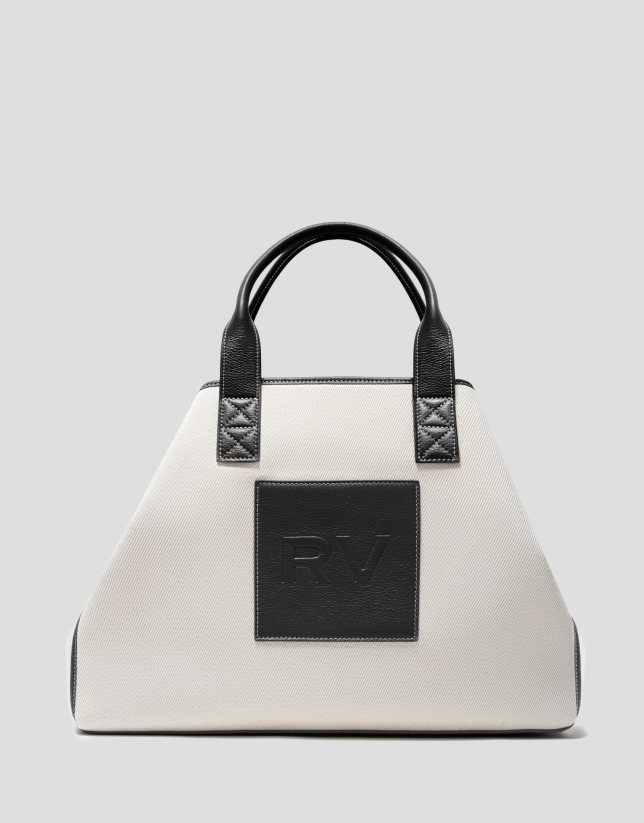 Black leather and ecru twill Agnes XL shopping bag 