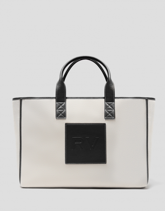 Black leather and ecru twill Agnes XL shopping bag 