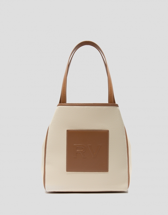 Brown leather and beige twill Agnes M shopping bag