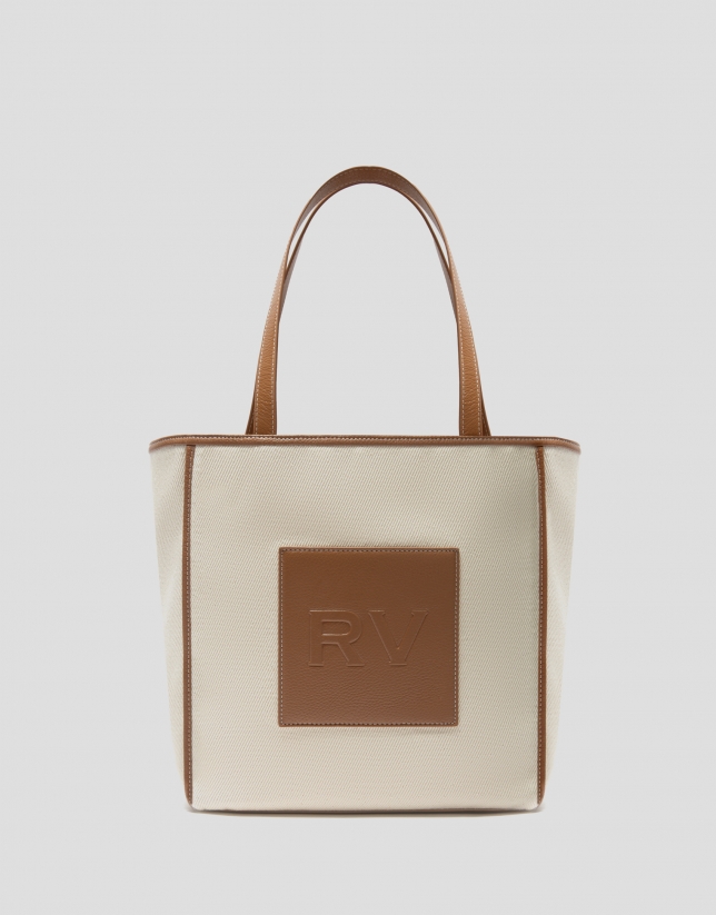 Brown leather and beige twill Agnes M shopping bag