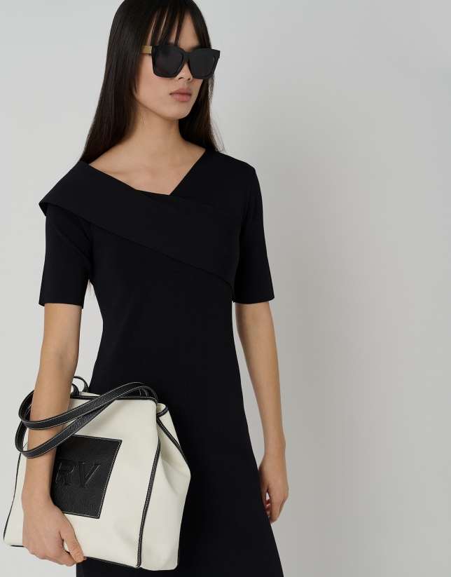 Black leather and ecru twill Agnes M shopping bag