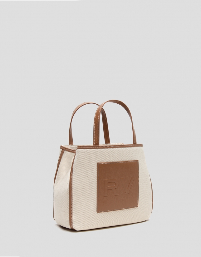 Brown leather and beige twill Agnes S shopping bag