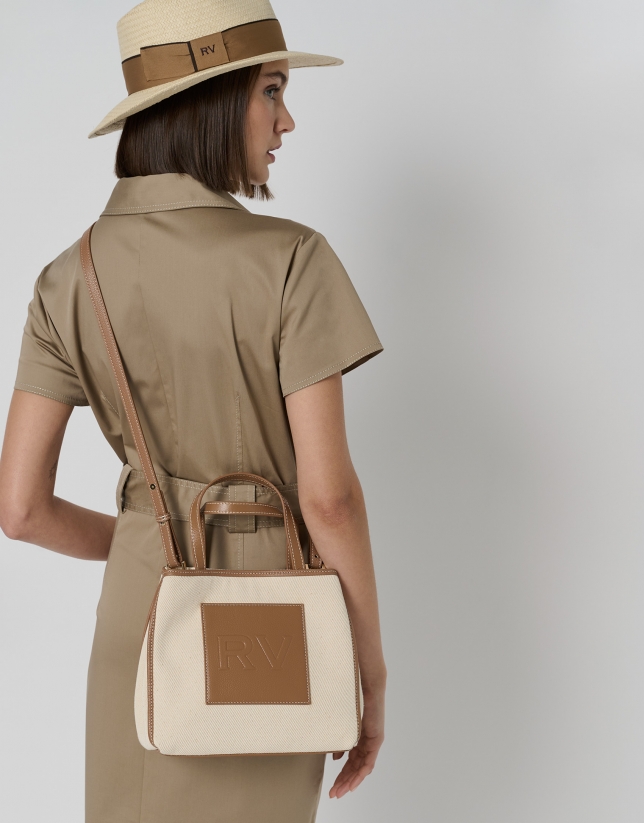 Brown leather and beige twill Agnes S shopping bag