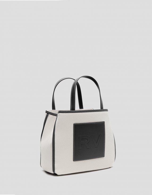 Black leather and ecru twill Agnes S shopping bag