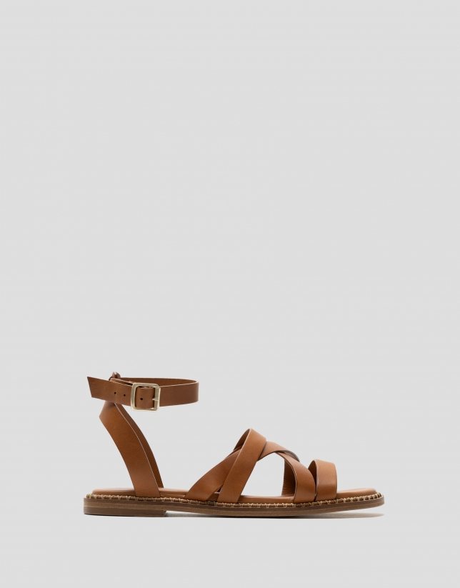 Brown leather flat Greek sandals