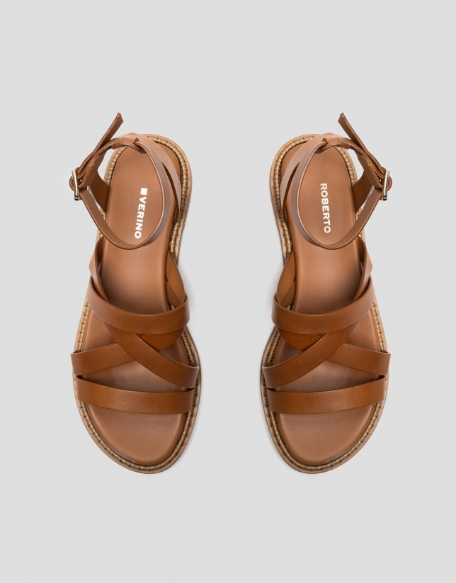 Brown leather flat Greek sandals
