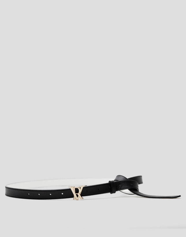 Black leather tie belt with buckle