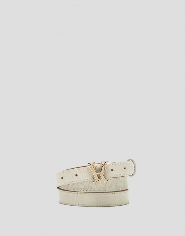 Beige narrow leather belt with back-stitching