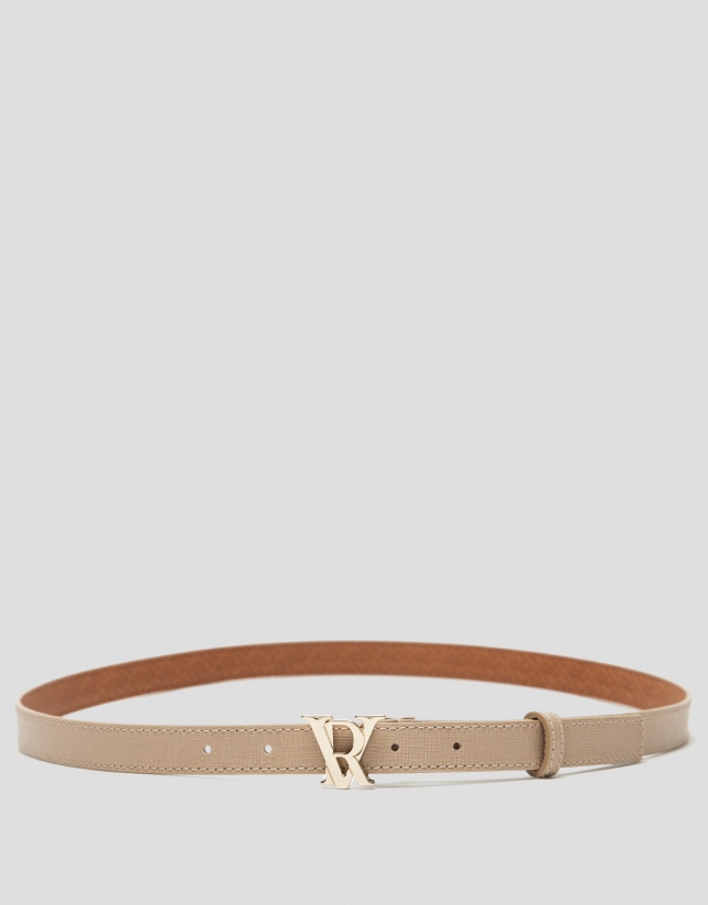 Camel narrow leather belt with back-stitching