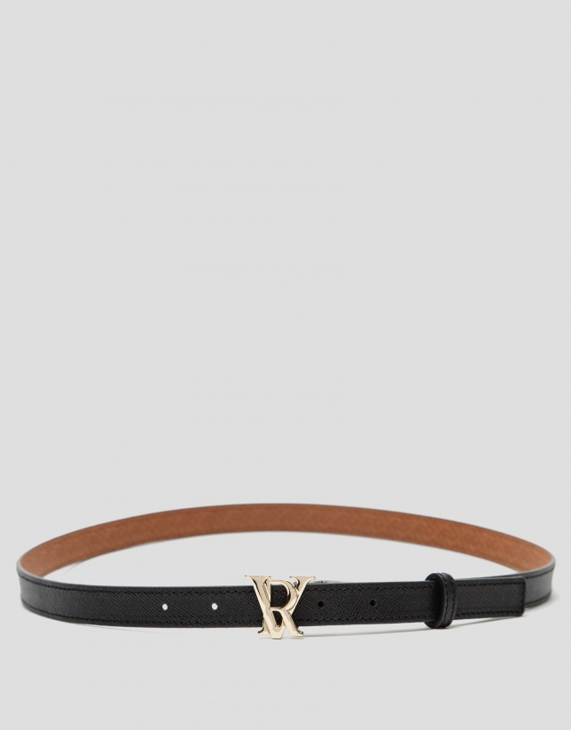 Black narrow leather belt with back-stitching