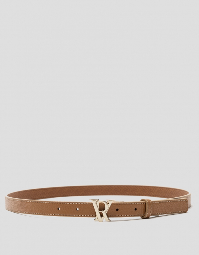 Camel narrow leather belt with contrasting backstitching