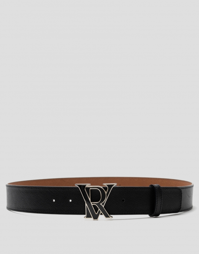 Black Saffiano leather belt with RV logo on enamelled buckle