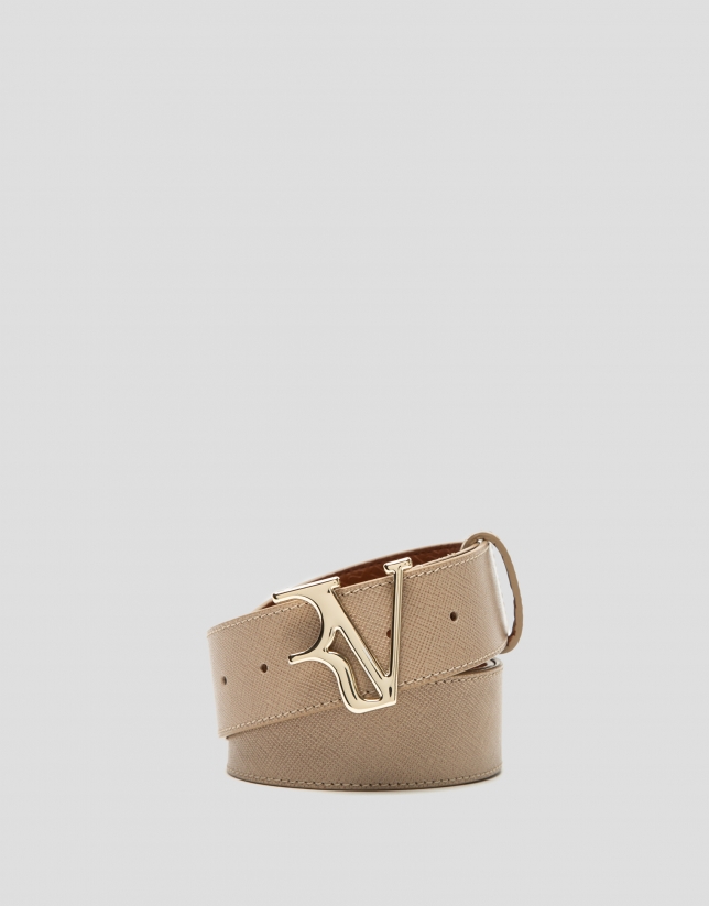 Beige leather belt with matching back-stitching