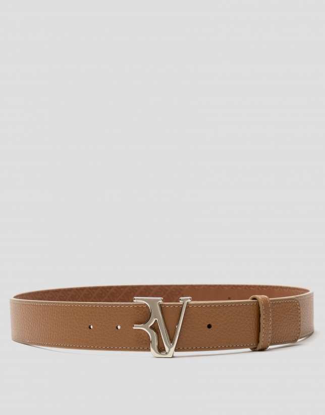 Camel leather belt with beige back-stitching