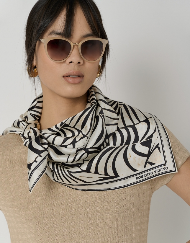 Taupe silk scarf with black leaf design