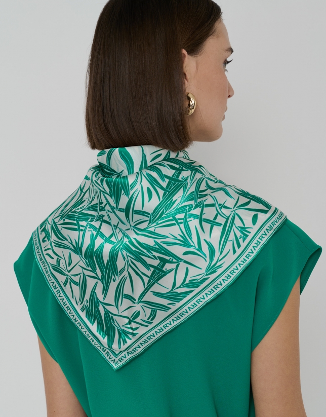 White silk scarf with green bamboo design