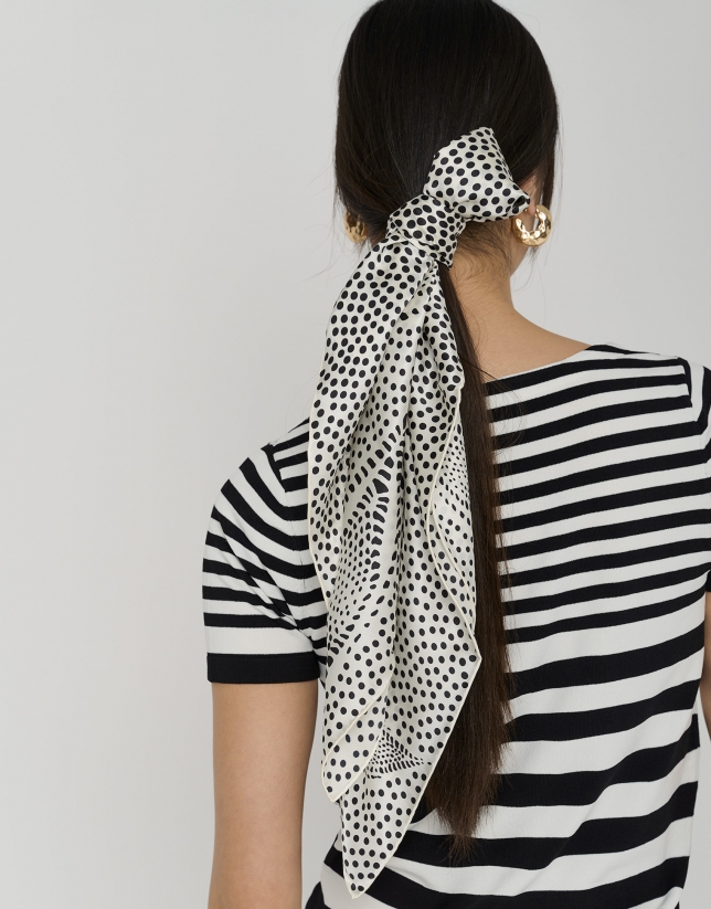 White silk scarf with black dotted geometric design