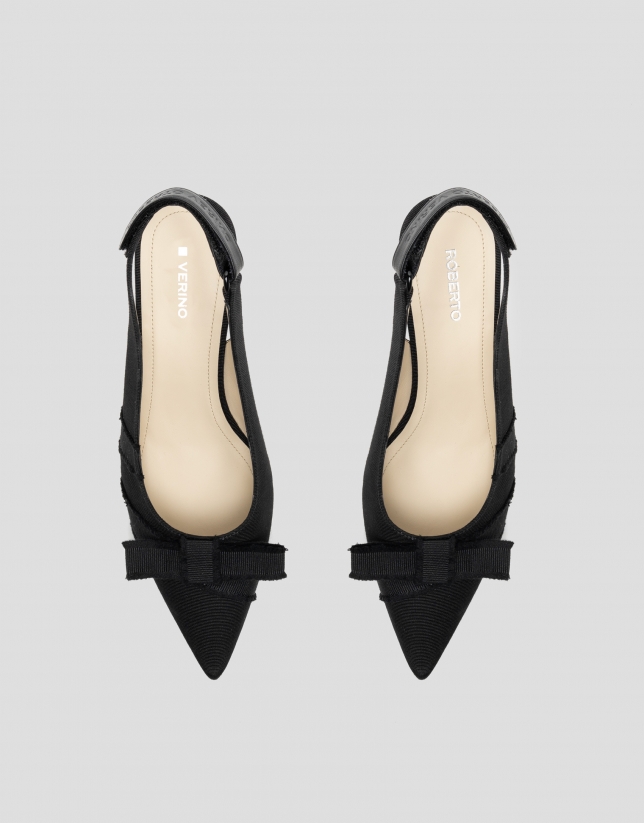 Black, sling-back pumps with frayed fabric