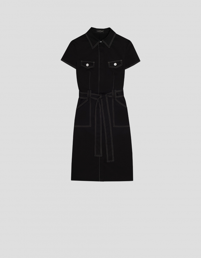 Black shirtwaist dress with short sleeves