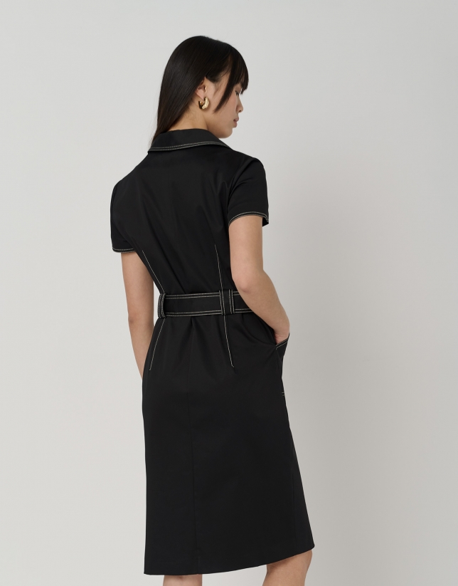 Black shirtwaist dress with short sleeves