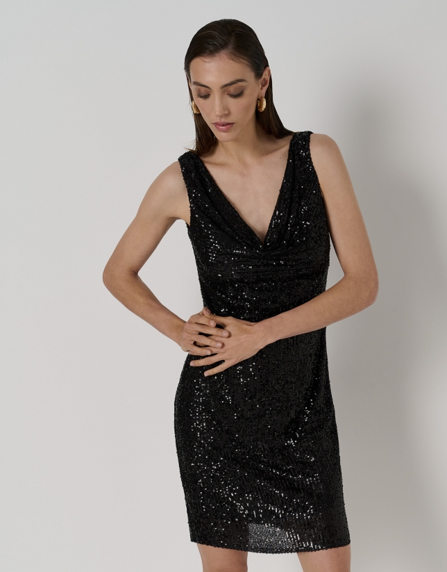 Midi dress with draped neckline and black sequins