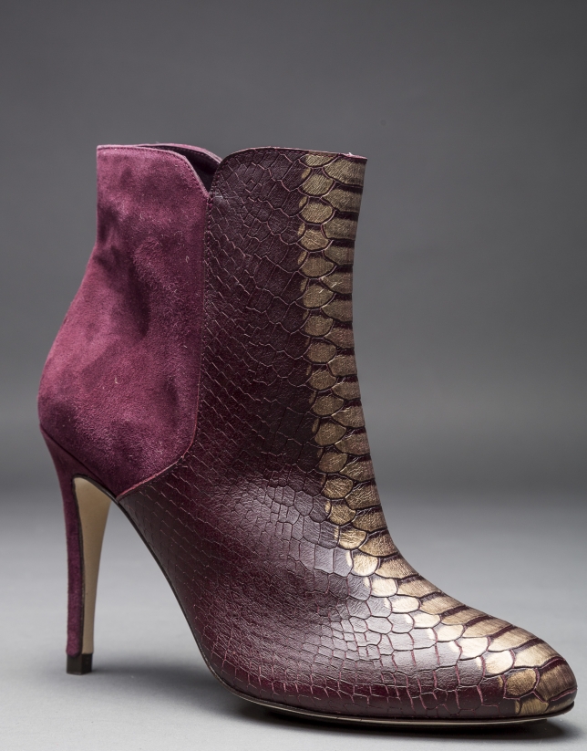 Burgundy leather Gante ankle boots with embossed snake, old gold strip and suede