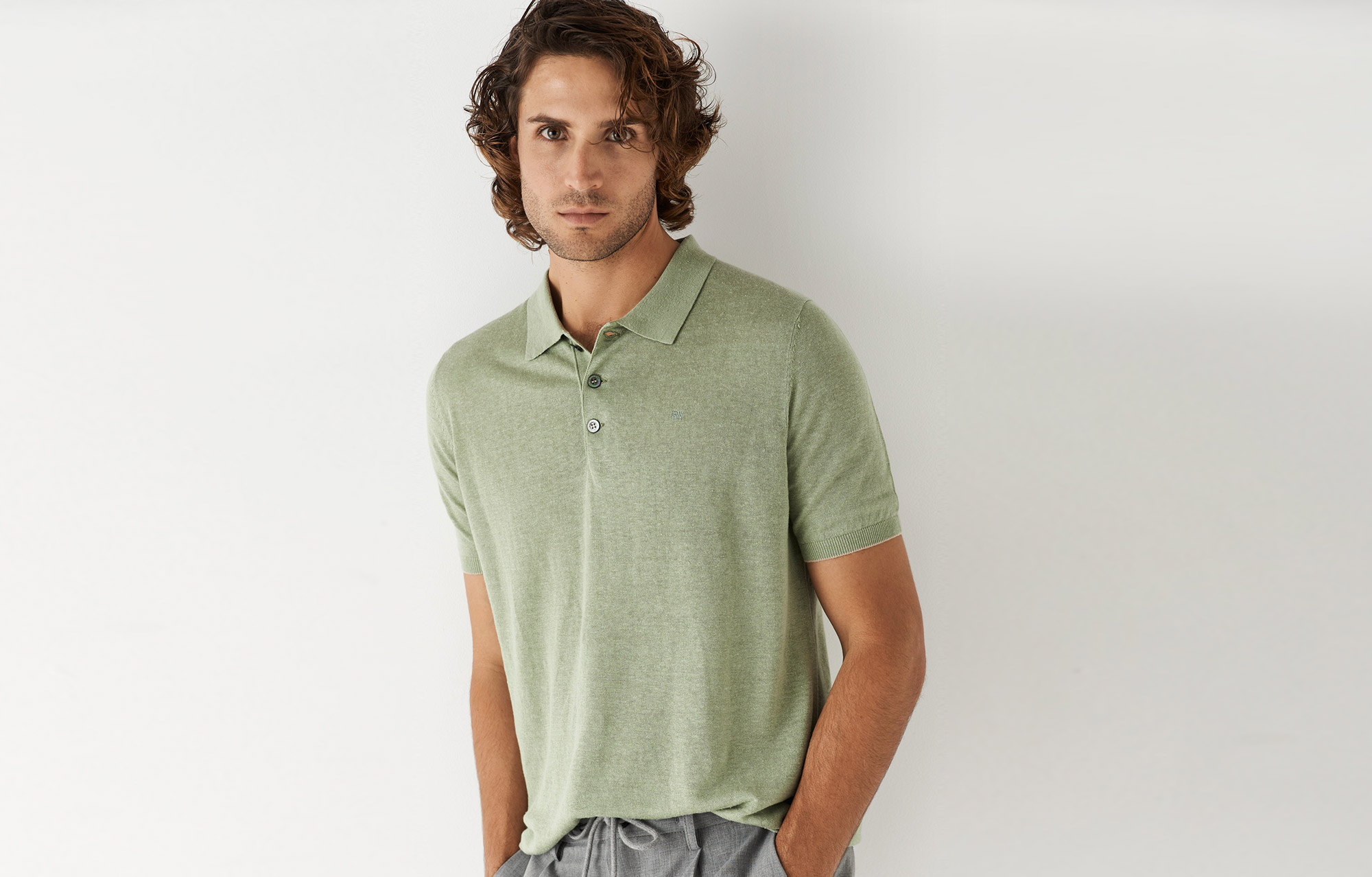 Light khaki knit polo shirt with short sleeves