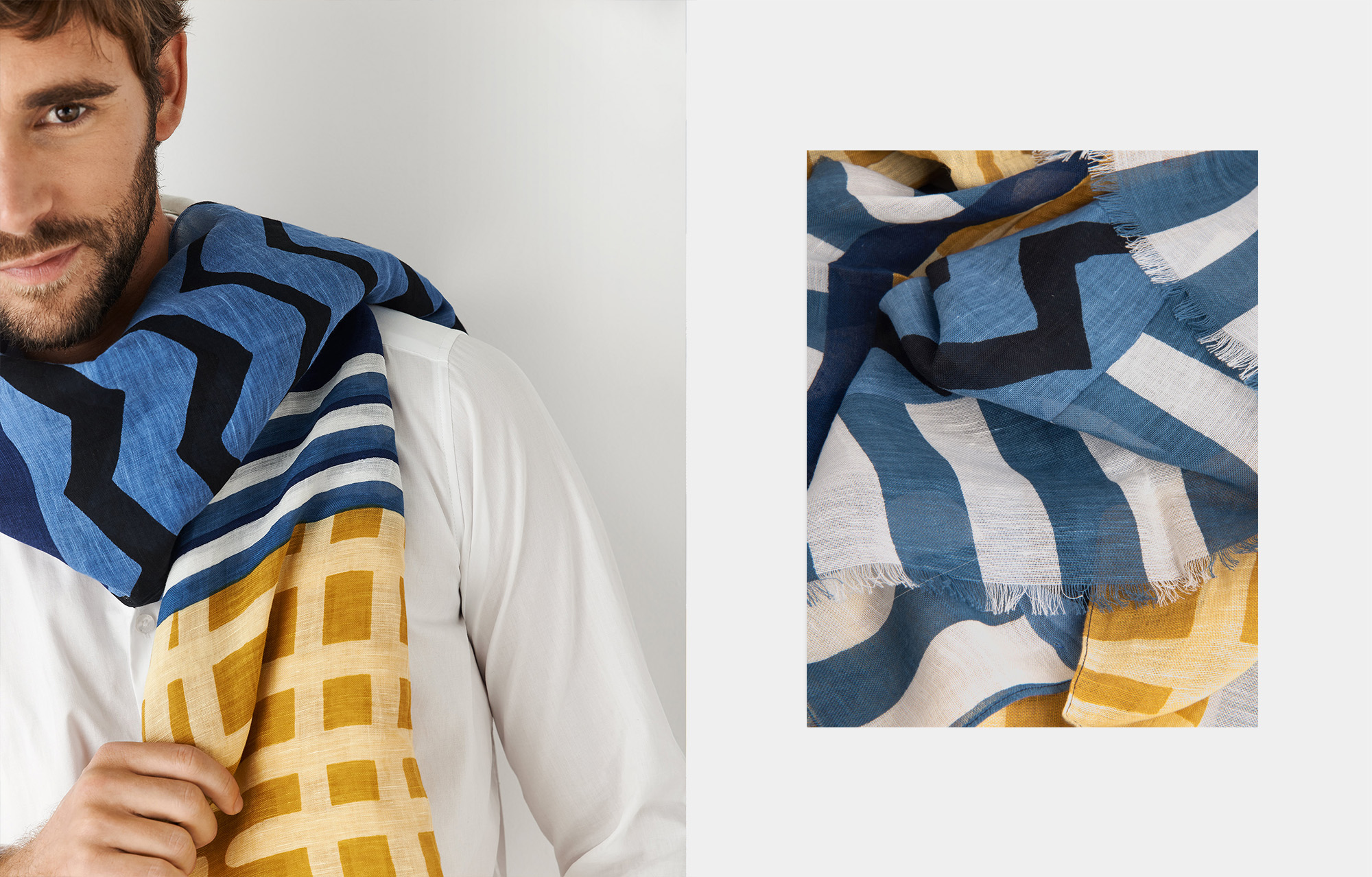 Linen and cotton foulard with yellow and blue geometric print