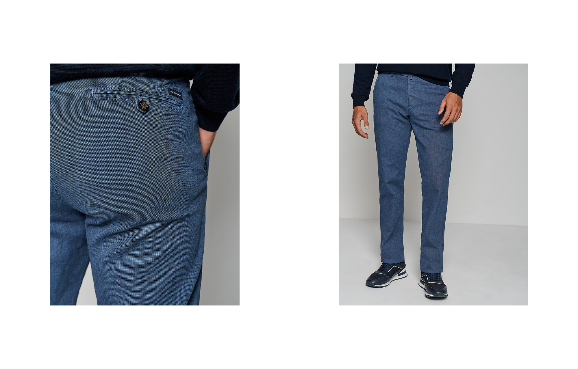 Two color greyish blue and black micro-design chinos